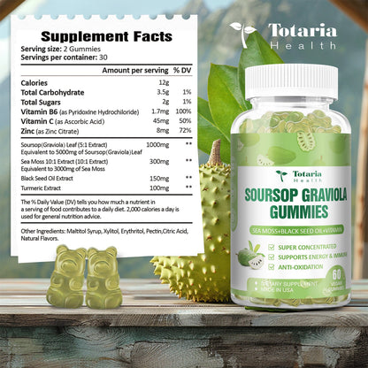 Soursop Graviola Sea Moss Gummies - 5000mg Soursop Oil Leaf with 3000mg Sea Moss, 150mg Black Seed Oil - Immune Support, Antioxidation - Sour Sop Multivitamin Graviola Leaves Edible Supplements