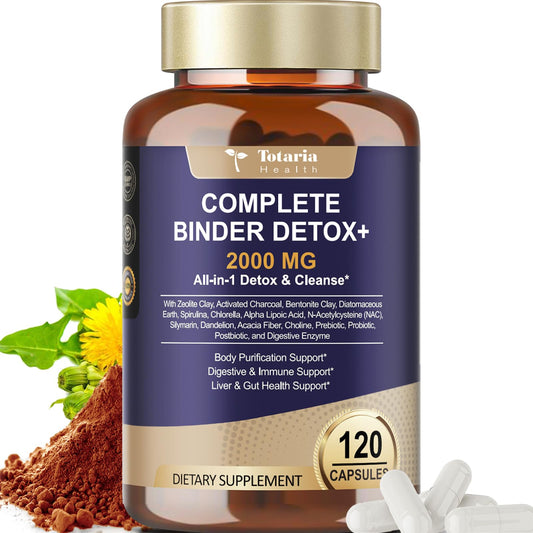 2000MG Complete Binder Detox+ Activated Charcoal, Zeolite, Bentonite Clay, NAC, Milk Thistle, Probiotic, All-in-1 Detox & Cleanse Supplement, Liver & Gut Support, 120 Capsules