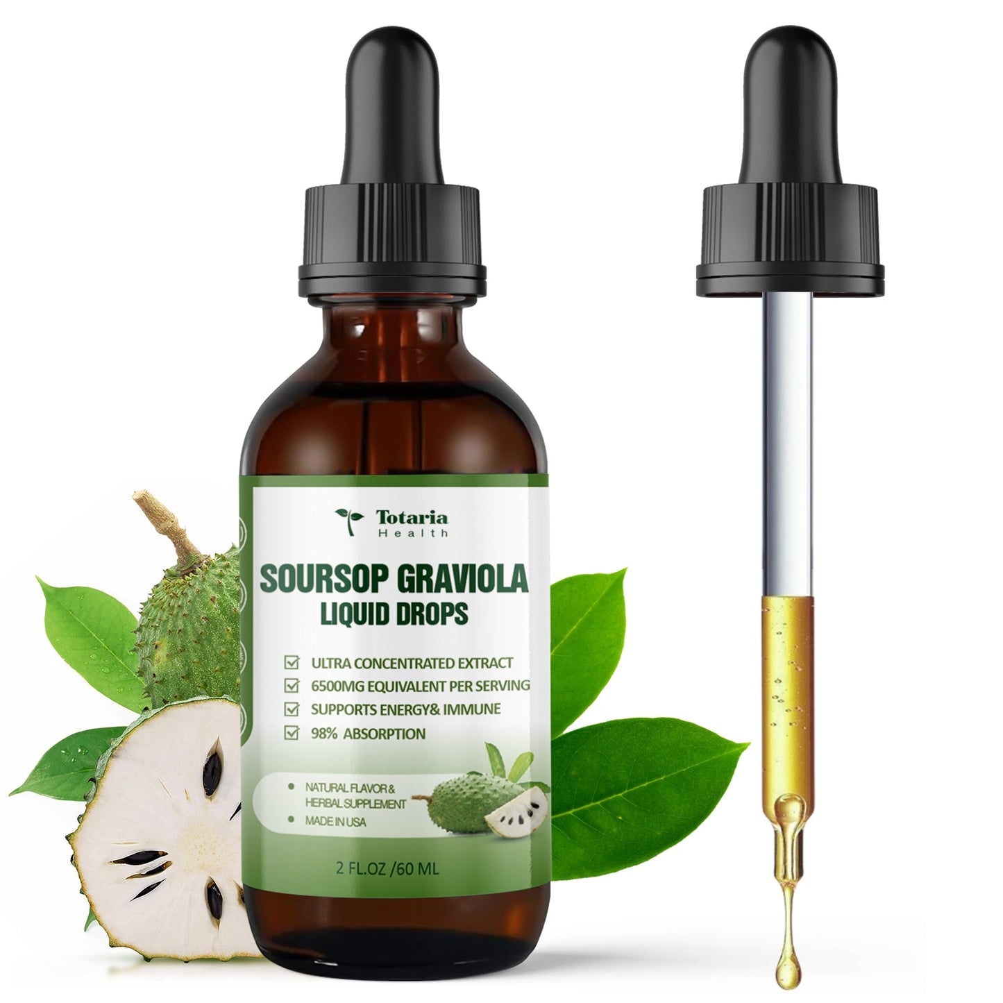 (2 FL) Pure Soursop Graviola Oil Leaf 6000mg, Soursop Fruit 500mg Liquid Drops Organic Soursop Leaves Extract Immune Support Antioxidation - Sour SOP Bitters Multivitamin Soursop Tincture Supplements