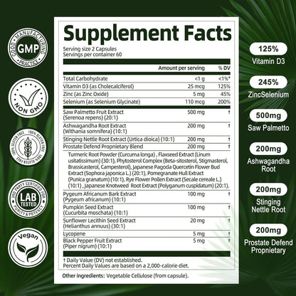 Organic Saw Palmetto - Prostate Health Supplements for Men with Ashwagandha Root, Stinging Nettle, Pumpkin Seed, Prostate Defend Propnietary Blend, 120 Count
