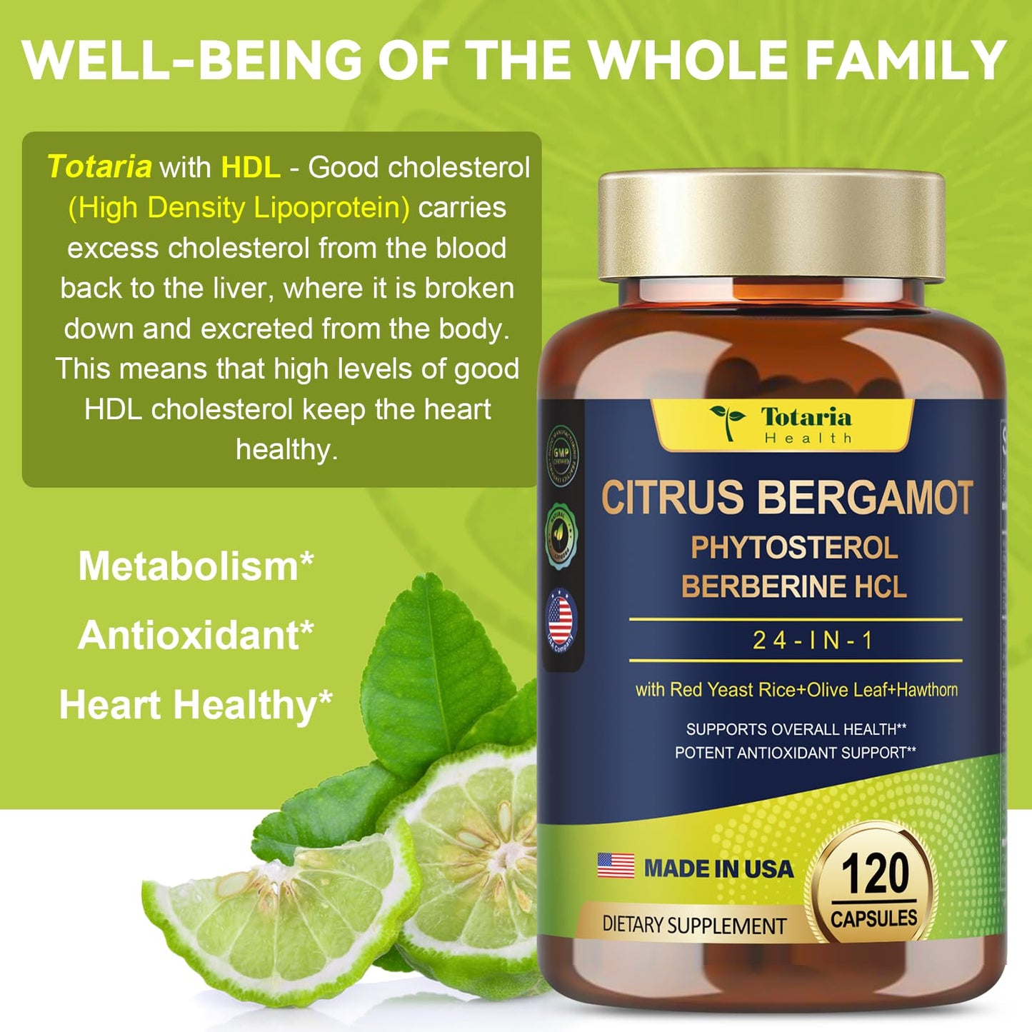 Organic Citrus Bergamot Capsules for Healthy Cholesterol - 1566mg Per Serving Bergamot Supplements 25:1 Extract from Italy Bergamot for Heart, Immune Support, Antioxidant, Anti-Aging, Vegan GMO-Free