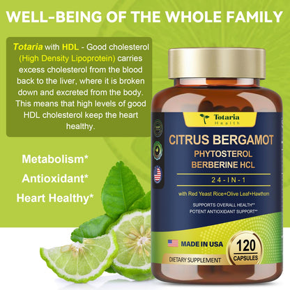 Organic Citrus Bergamot Capsules for Healthy Cholesterol - 1566mg Per Serving Bergamot Supplements 25:1 Extract from Italy Bergamot for Heart, Immune Support, Antioxidant, Anti-Aging, Vegan GMO-Free