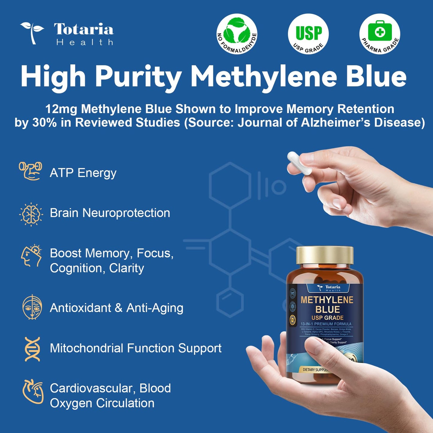 USP Grade Methylene Blue Capsules - Vitamin C, Cacao Powder, Bacopa, Ginkgo Biloba, L-Tyrosine, Alpha GPC, Rhodiola Rosea, L-Theanine, Panax Ginseng Supplement, 120 Count