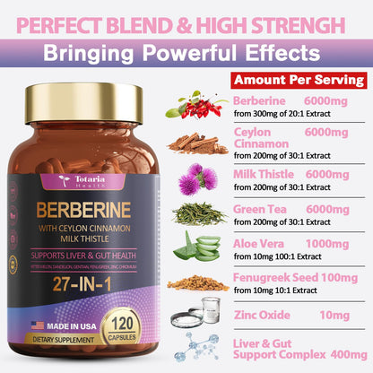 27-in-1 Berberine Supplement with Ceylon Cinnamon, Milk Thistle - Pure Berberine 6000mg - Berberine Plus for Immune, Better Figure, Liver & Gut Health, Vegan Supplements for Men & Women - 120 Caps