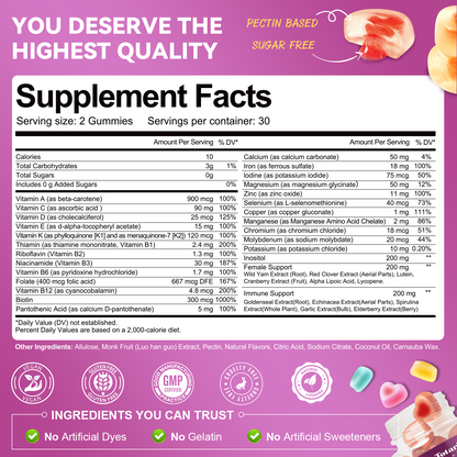 Sugar Free Multivitamin Gummies for Women 14+ w/Iron, Inositol, Folate, Biotin, Womens Daily Multivitamin Gummy w/Vitamin A, D, C, B, Support Hair, Skin, Energy, Immune