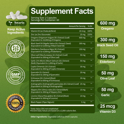 Oil of Oregano with Black Seed Oil Capsules High Absorption with Garlic,Olive Leaf,Quercetin,Black Pepper and More Supplement for Women and Men Immune Support Digestive Health 120 Counts
