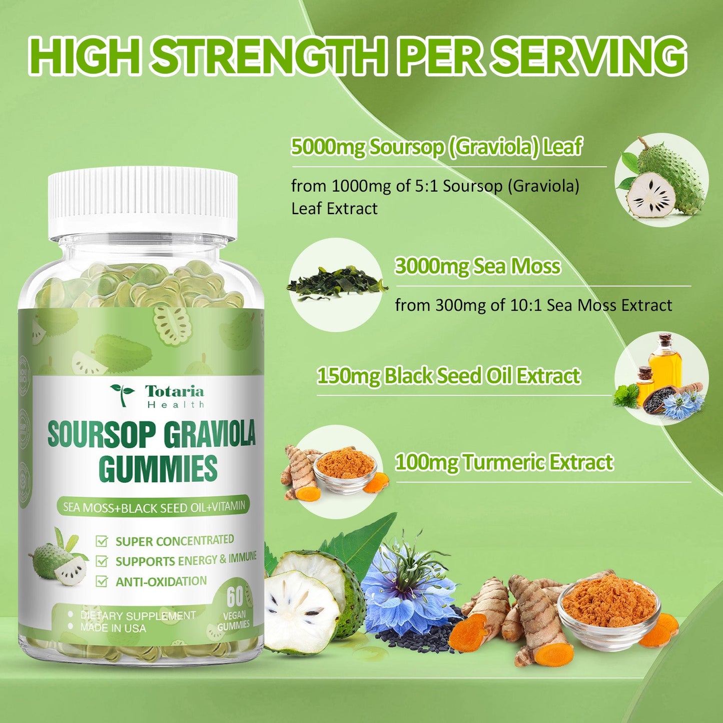 Soursop Graviola Sea Moss Gummies - 5000mg Soursop Oil Leaf with 3000mg Sea Moss, 150mg Black Seed Oil - Immune Support, Antioxidation - Sour Sop Multivitamin Graviola Leaves Edible Supplements
