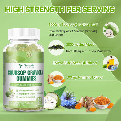 Soursop Graviola Sea Moss Gummies - 5000mg Soursop Oil Leaf with 3000mg Sea Moss, 150mg Black Seed Oil - Immune Support, Antioxidation - Sour Sop Multivitamin Graviola Leaves Edible Supplements