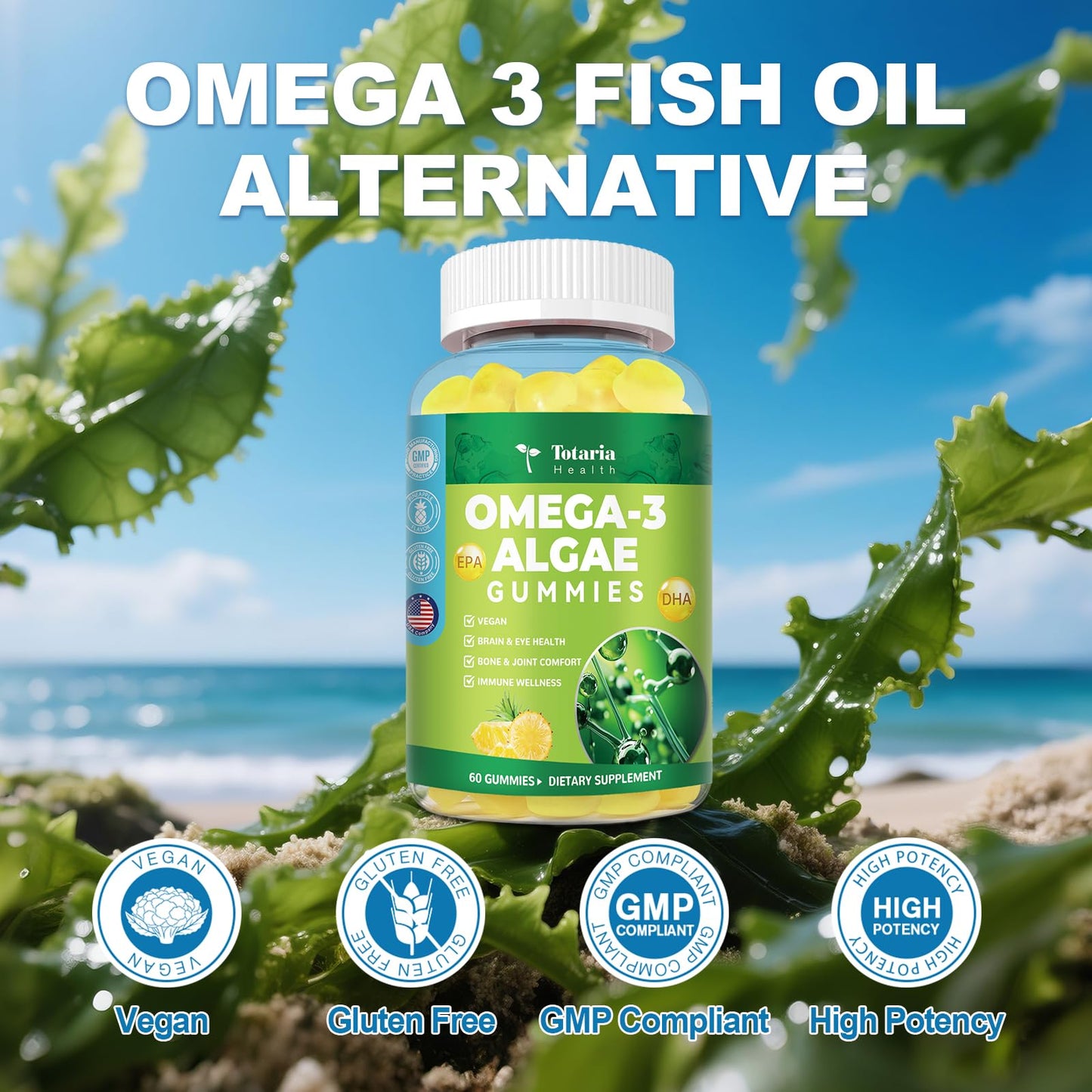 Vegan Algae Omega-3 Gummies with DHA EPA, Turmeric CoQ10 for Brain and Eye Wellness - 60 Counts