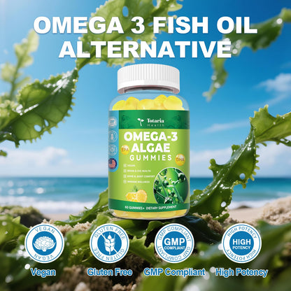 Vegan Algae Omega-3 Gummies with DHA EPA, Turmeric CoQ10 for Brain and Eye Wellness - 60 Counts