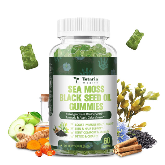 Sea Moss Black Seed Oil Gummies Extracts from Irish Seamoss Whole Plant Advanced with Black Seed Oil, Ashwagandha Burdock Root Turmeric Bladderwrack - Support Immune, Joints, Digestion, Hair & Skin