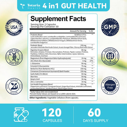 4-in-1 Gut Health Supplement with Probiotics, Prebiotics, Postbiotics & Digestive Enzymes for Women & Men, 60 Billion CFU Probiotics for Gut and Digestion, Strong Immunity, Skin (120 Capsules)