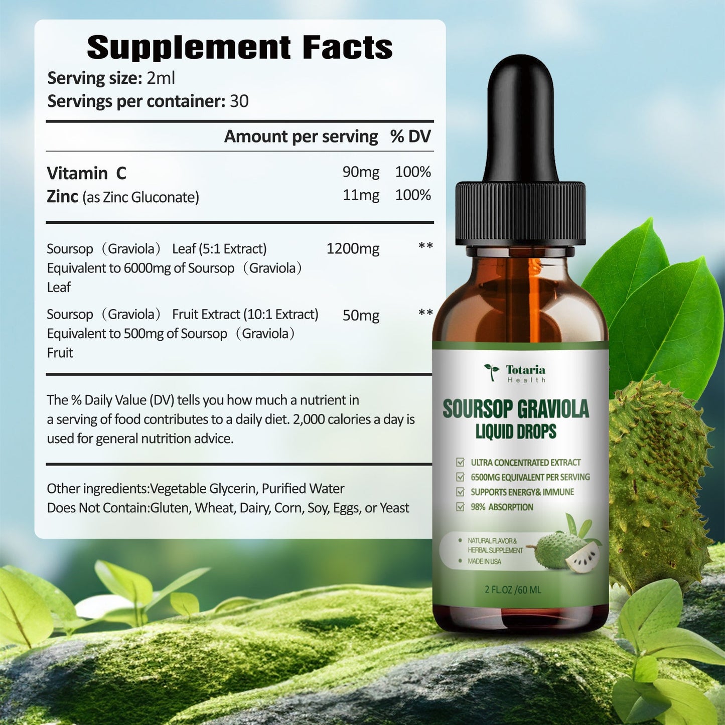 (2 FL) Pure Soursop Graviola Oil Leaf 6000mg, Soursop Fruit 500mg Liquid Drops Organic Soursop Leaves Extract Immune Support Antioxidation - Sour SOP Bitters Multivitamin Soursop Tincture Supplements