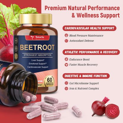Organic Beet Root Capsules – 1300mg Beetroot Powder for Natural Energy & Endurance, Liver, Mood & Heart Support, Non-GMO, GMP Certified, High Absorption | 60 Vegan Capsules