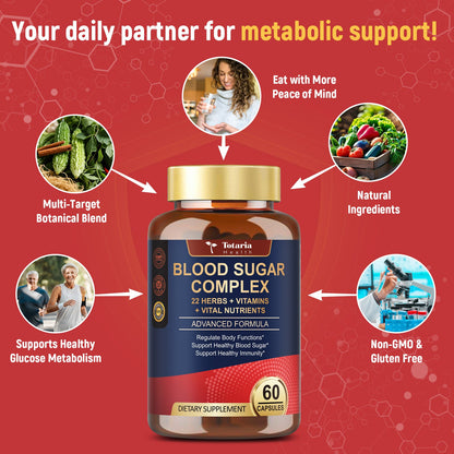 Blood Sugar Complex Capsules | 22 Herbs & Vitamins & Minerals | Supports Healthy Glucose Metabolism & Overall Wellness | Natural Supplement