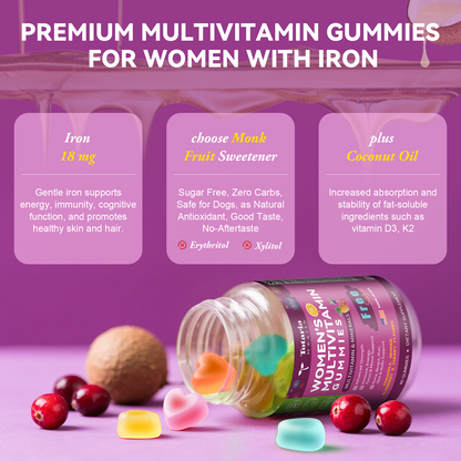 Sugar Free Multivitamin Gummies for Women 14+ w/Iron, Inositol, Folate, Biotin, Womens Daily Multivitamin Gummy w/Vitamin A, D, C, B, Support Hair, Skin, Energy, Immune