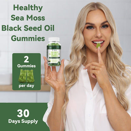 Sea Moss Black Seed Oil Gummies Extracts from Irish Seamoss Whole Plant Advanced with Black Seed Oil, Ashwagandha Burdock Root Turmeric Bladderwrack - Support Immune, Joints, Digestion, Hair & Skin