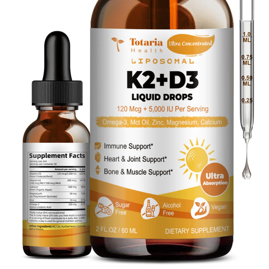 Liposomal Liquid Vitamin D3 K2 Supplement Drops with MCT Oil, Omega 3 - (5000 IU) D3 + (200 MCG) K2 Bone Strength with Calcium Magnesium Zinc Support Teeth, Bones, Vitamin D, Non-GMO Made in USA