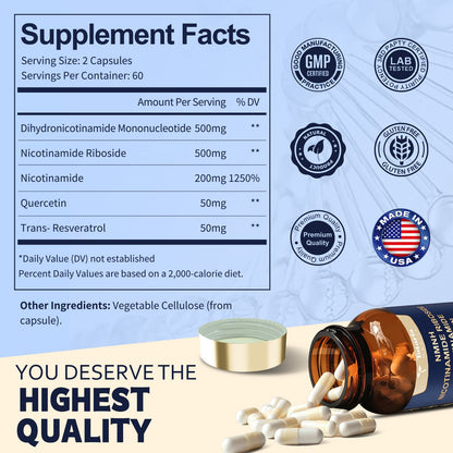 NMNH (Dihydronicotinamide Mononucleotide), NMN Supplement Alternative w/ Niacinamide (Vitamin B3), Quercetin, Trans-Resveratrol, Support NAD+, Skin Cell Health*, Anti-aging & Energy, 120 Caps
