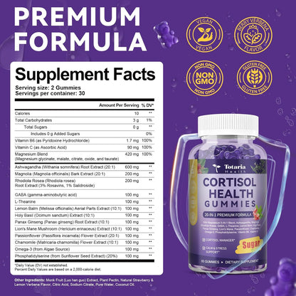 Cortisol Supplements for Women & Men 20-in-1 Cortisol Gummies with Ashwagandha Rhodiola Rosea Magnesium Phosphatidylserine Calm Focus Mood Support Healthy Cortisol Levels 30 Day Supply