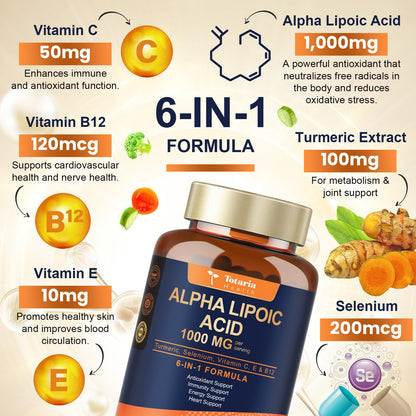 Alpha Lipoic Acid - 1000mg ALA Supplement Capsules for Neuropathy Supports Liver Detox, Nerve Health, Antioxidant, Metabolism and Cell Energy, Anti-Aging - Non-GMO, Gluten Free, Vegan Safe