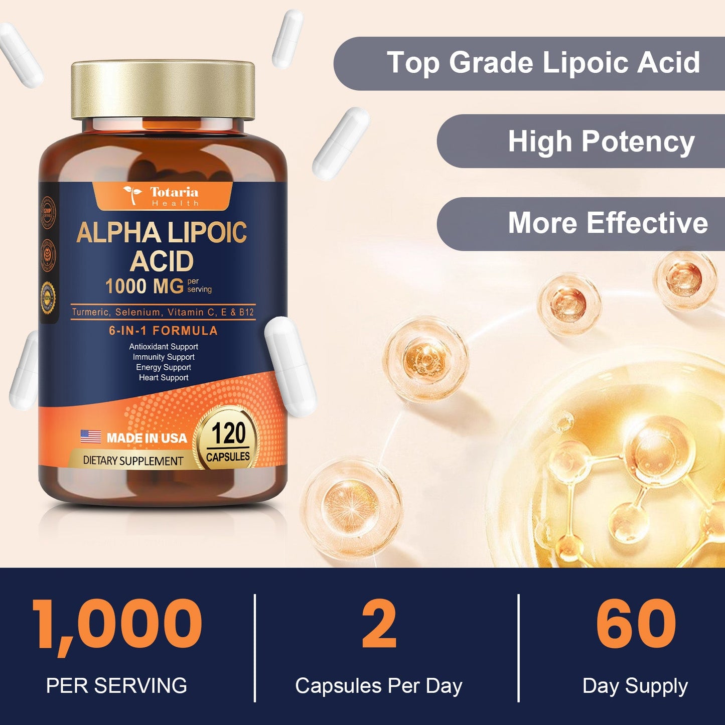 Alpha Lipoic Acid - 1000mg ALA Supplement Capsules for Neuropathy Supports Liver Detox, Nerve Health, Antioxidant, Metabolism and Cell Energy, Anti-Aging - Non-GMO, Gluten Free, Vegan Safe