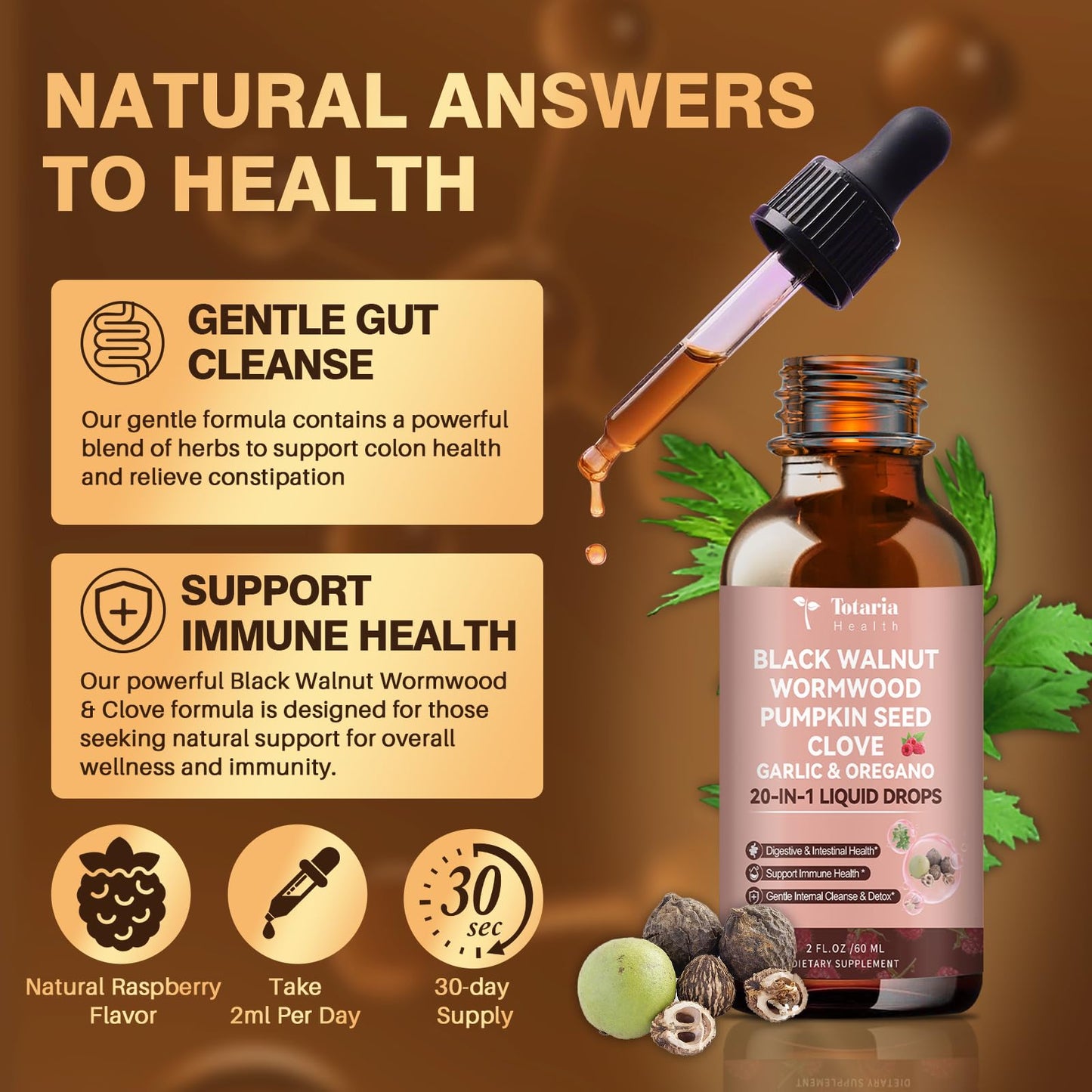 20 in 1 Black Walnut Wormwood Tincture - Clove,Pumpkin Seed,Garlic,Oregano,Berberine - Gentle Gut Cleanse & Digestive Health - Alcohol-Free,Gut-Friendly -Raspberry Flavor - 2FL