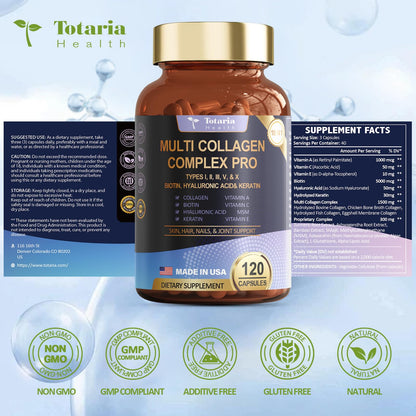 18-in-1 Collagen Pro with Hyaluronic Aicd, Keratin, Biotin, VIT A C & E for Skin, Hair, Nails, Joint & Beauty - Multi Collagen Peptides Capsules with Type I II III V & X for Women & Men - 120 Caps