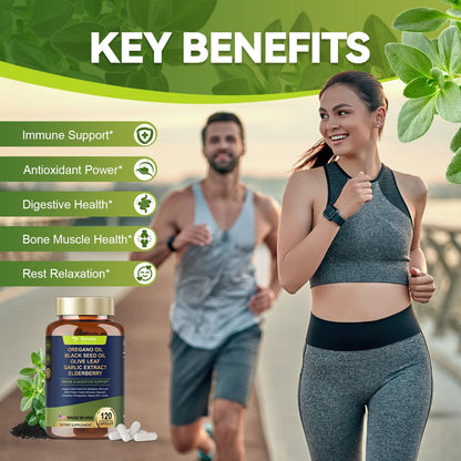 Oil of Oregano with Black Seed Oil Capsules High Absorption with Garlic,Olive Leaf,Quercetin,Black Pepper and More Supplement for Women and Men Immune Support Digestive Health 120 Counts