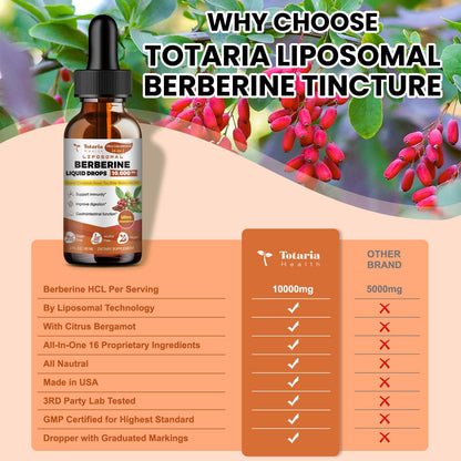 Liposomal Berberine HCl Supplement Activates AMPK & GLP-1, 10000mg (20:1 Extract) Liposomal Berberine with Green Tea, Ceylon Cinnamon Liquid Drops Supports Antioxidant, Digestive, Weight