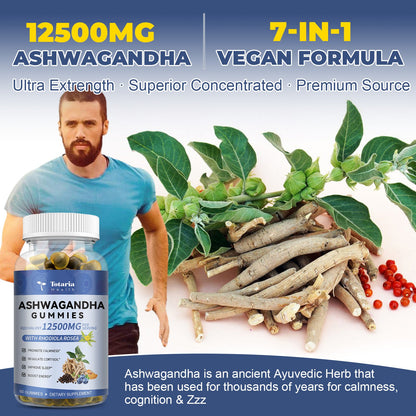 Ashwagandha Filled Gummies 12500mg w/ Magnesium Glycinate, Rhodiola Rosea, Ultra Strength Ashwagandha Supplements for Women & Wen, for Relaxation, Energy, Cortisol Health, Blueberry Flavor, 60 Count