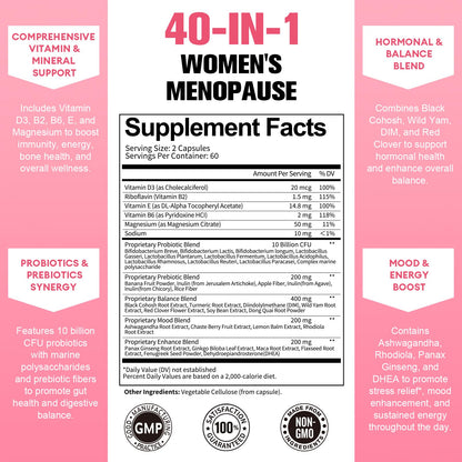 40-in-1 Menopause Supplements for Women, Multibenefit & Complete Black Cohosh for Hot Flashes, Night Sweats & Hormone Balance, w/ Probiotics, DIM, Vitex, Dong Quai, Red Clover and More, 120 Vegan Caps