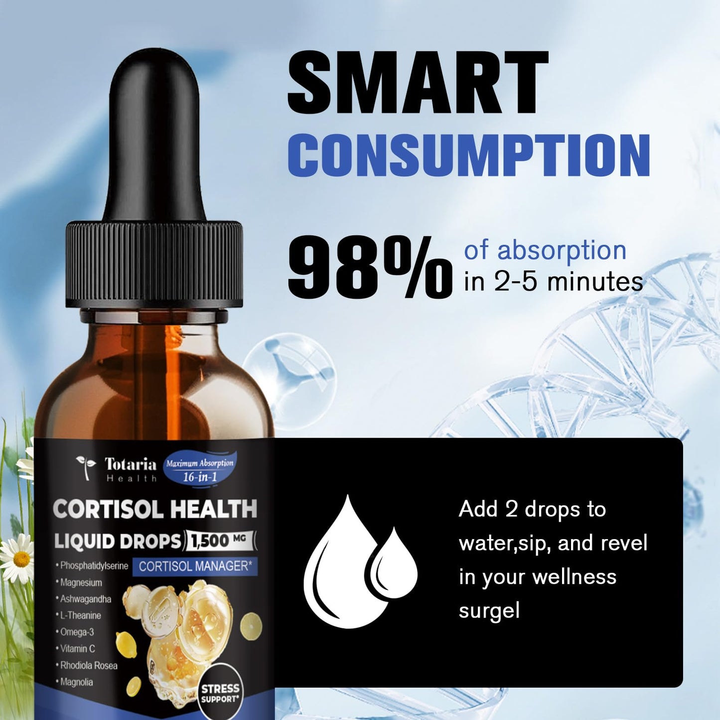 Cortisol Supplement Liquid Drops Hormone Balance for Women Men with Magnesium Complex,Ashwagandha,Rhodiola Rosea,L Theanine,Phosphatidylserine Supplements Mood, Focus, Sleep Support 2 FL.OZ