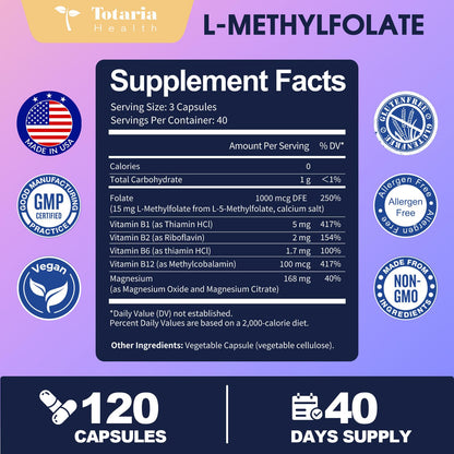 L Methylfolate 15mg 5-MTHF with B-Complex & Dual Magnesium | Active 5-MTHF Form + Methyl B12 | Supports Methylation, Cellular Function & Energy Metabolism | Non-GMO, Gluten Free (120 Capsules)