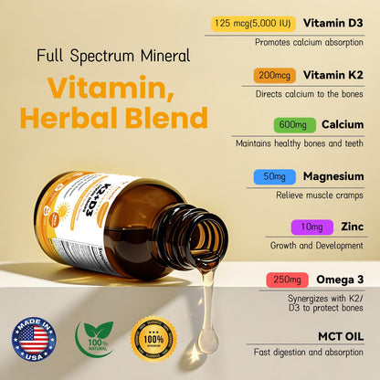Liposomal Liquid Vitamin D3 K2 Supplement Drops with MCT Oil, Omega 3 - (5000 IU) D3 + (200 MCG) K2 Bone Strength with Calcium Magnesium Zinc Support Teeth, Bones, Vitamin D, Non-GMO Made in USA