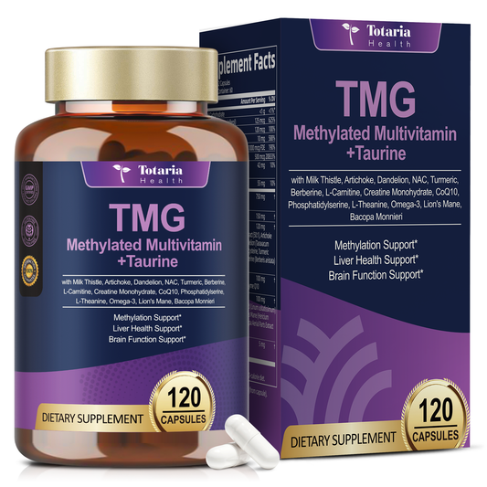 Totaria 750mg TMG Supplements (Trimethylglycine), Methylated Multivitamin for Women Men w/ B6, B12, B9, NAC, L-Taurine, Choline, for Methylation, Liver, Homocysteine Levels, Brain, 120 Vegan Capsules