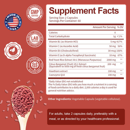 Red Yeast Rice with CoQ10 Supplement - Max Strength Red Yeast Rice 2,000 mg Capsules with CoQ10 100mg Plus Citrus Bergamot - Niacin-Free, Cholesterol & Energy Supplement 3rd-Party Tested Vegan Non-GMO