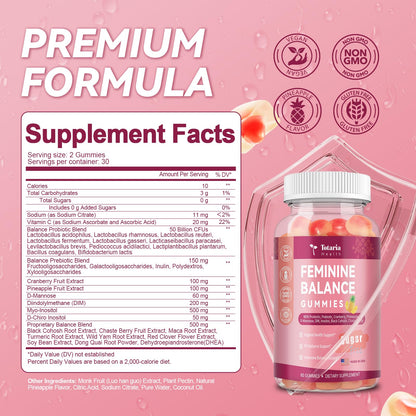Premium Feminine Balance Gummies Sugar Free Multivitamin Gummies for Women PH Balance Vitality & Gut Health Support Pineapple Flavor 60 Count
