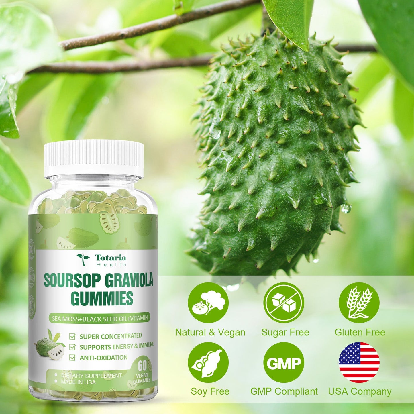 Soursop Graviola Sea Moss Gummies - 5000mg Soursop Oil Leaf with 3000mg Sea Moss, 150mg Black Seed Oil - Immune Support, Antioxidation - Sour Sop Multivitamin Graviola Leaves Edible Supplements