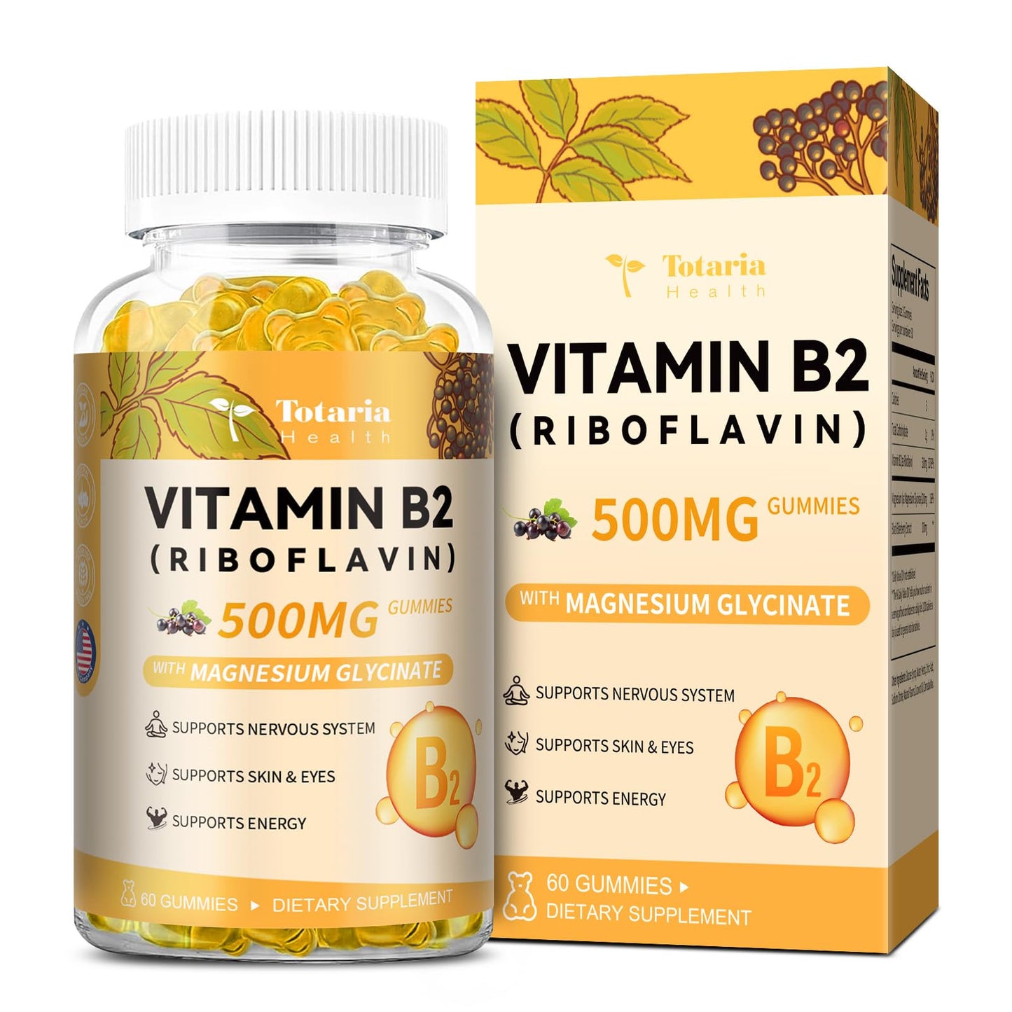 Totaria Vitamin B2 Gummies, Riboflavin 500mg Supplement for Kids & Adults with Magnesium Glycinate & Elderberry, Energy, Skin & Nervous System Support, Vegan, Sugar Free, 60 Chewable Gummies