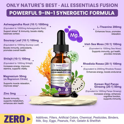 Liposomal Ashwagandha Liquid Drops w/Soursop, L-Theanine, Shilajit, 10000mg (10:1 Extract) Maximum Absorption, Natural Calm, Energy, Cortisol Health for Women & Men, Non-GMO, Alcohol Free