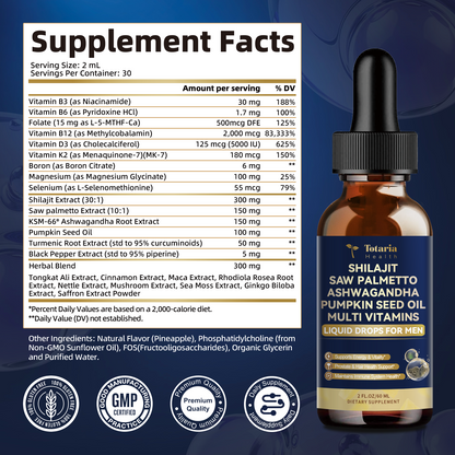 Shilajit Liquid Drops with Saw Palmetto .Ashwagandha .Pumpkin Seed Oil .Sea Moss,Multivitamin - Shilajit for Men - Support Prostate Health & Hair,Energy & lmmune Function - 2FL - Pineapple Flavor
