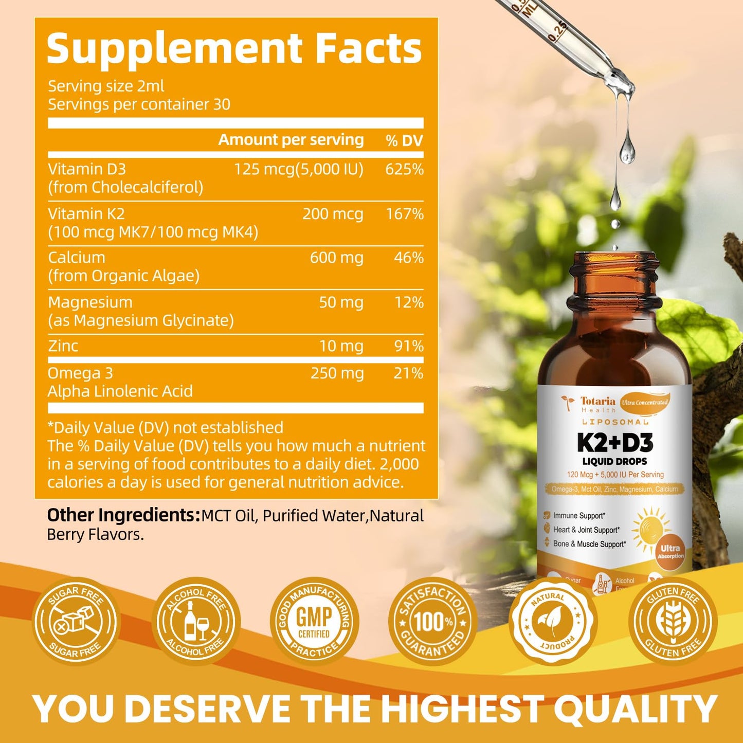 Liposomal Liquid Vitamin D3 K2 Supplement Drops with MCT Oil, Omega 3 - (5000 IU) D3 + (200 MCG) K2 Bone Strength with Calcium Magnesium Zinc Support Teeth, Bones, Vitamin D, Non-GMO Made in USA