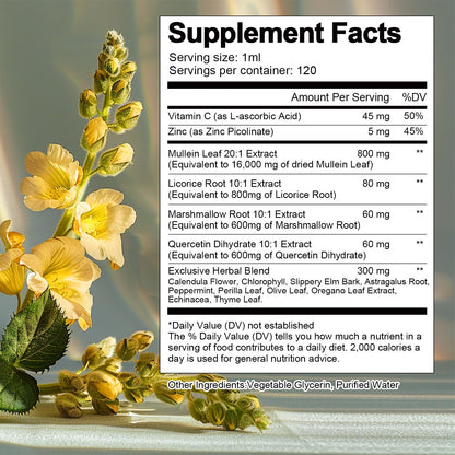 16-in-1 Mullein Drops for Lungs with 16000MG Mullein Leaf per Serving, High Potency Mullein Drops with Licorice Root, Marshmallow Root for Lungs, Respiratory and Immune Wellness, 4 FL.OZ