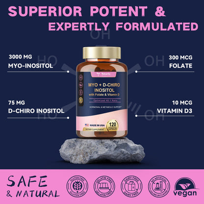 Inositol Supplement for Women with Vitamin D3, Folate, 40:1 Ratio Myo-Inositol 3000mg & D-Chiro Inositol 75mg Complex, (Vitamin B8) Inositol Capsules, 120 Capsules, 40 Servings