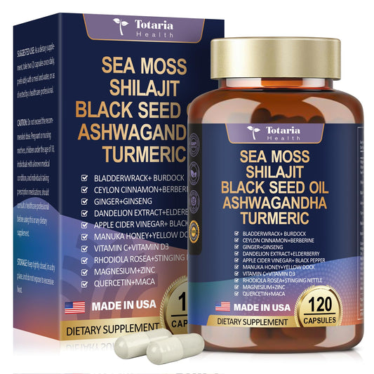25-in-1Sea Moss Black Seed Oil Ashwagandha Ginger Shilajit Supplement 18525mg, Sea Moss Capsules with Bladder Burdock Ceylon Cinnamon Berberine ACV Manuka VIT C&D3 for Immune, Gut & Energy, 120 Caps