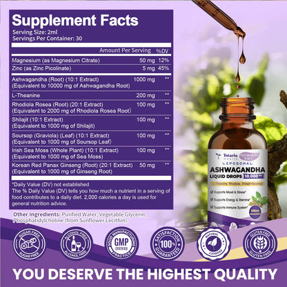 Liposomal Ashwagandha Liquid Drops w/Soursop, L-Theanine, Shilajit, 10000mg (10:1 Extract) Maximum Absorption, Natural Calm, Energy, Cortisol Health for Women & Men, Non-GMO, Alcohol Free