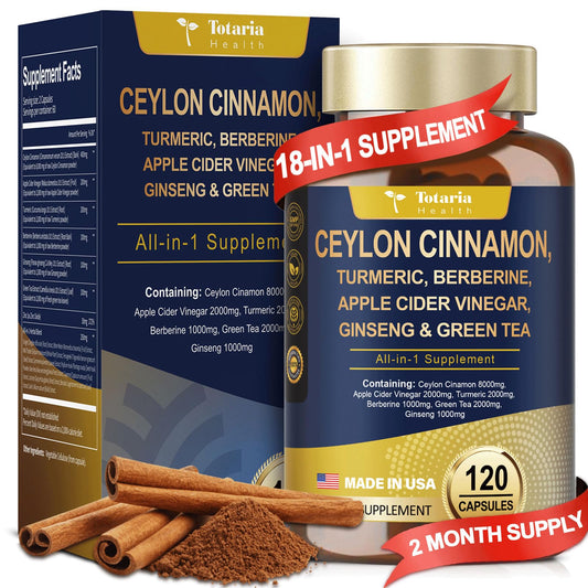 18-in-1 Ceylon Cinnamon Capsules 8000mg, Ultra Strength Ceylon Cinnamon Supplement w/ Apple Cider Vinegar Bitter Melon Turmeric Berberine, Vegan Capsules for Gut, Metabolism & Heart,120 Caps