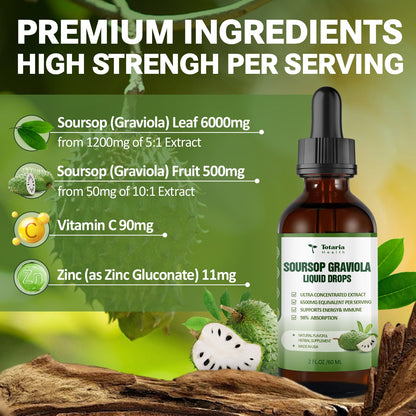 (2 FL) Pure Soursop Graviola Oil Leaf 6000mg, Soursop Fruit 500mg Liquid Drops Organic Soursop Leaves Extract Immune Support Antioxidation - Sour SOP Bitters Multivitamin Soursop Tincture Supplements
