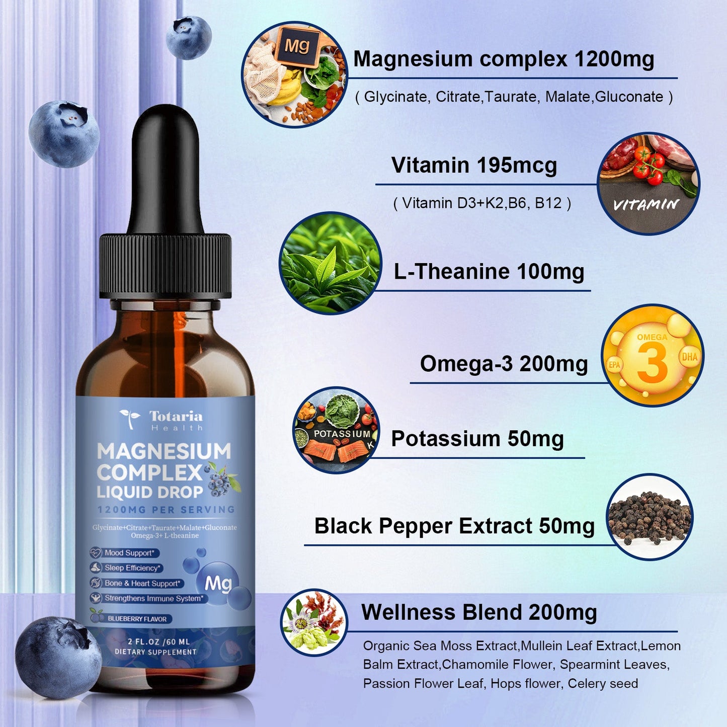 21 in 1 Magnesium Glycinate Complex Liquid Drop with Vitamin D3,K2,B6 & B12 Plus L-Theanine Omega-3 Sea Moss Extract for Energy,Sleep,Joint,Heart Health Sugar Free Blueberry Flavor,2 Fl Oz